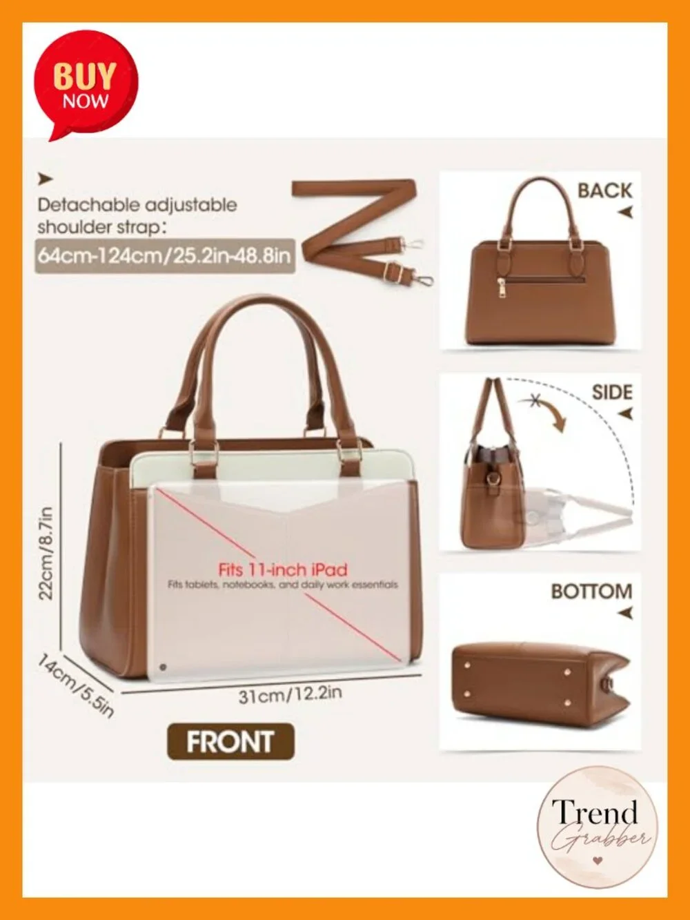 Women's PU Leather Structured Satchel Purse, 3-Way Carry Work Handbag Fits iPad
